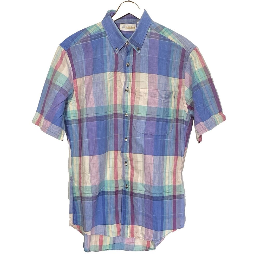 Saddlebred Plaid Button Down Shirt Mens M Short Sleeve Pocket Vintage Cotton